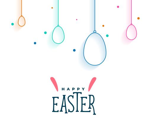 multi-coloured eggs hanging from the top edge with "Happy Easter" written below.