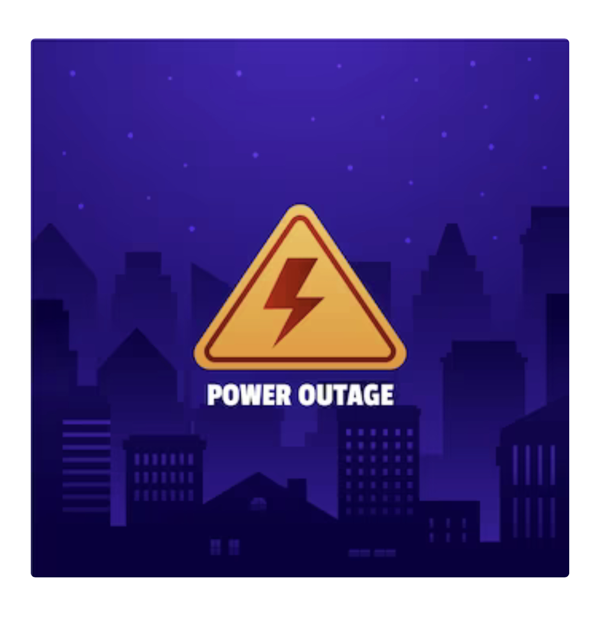 Yellow hazard sign with red lightning bolt that reads power outage 