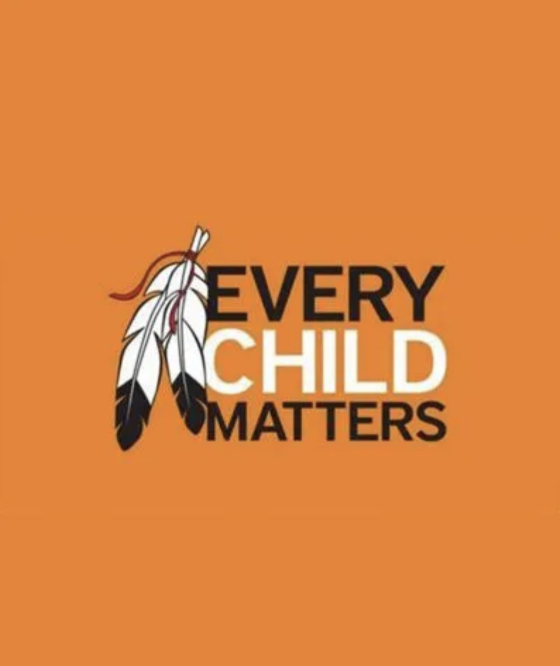“Every child matters” in an orange background beside two black and white feathers