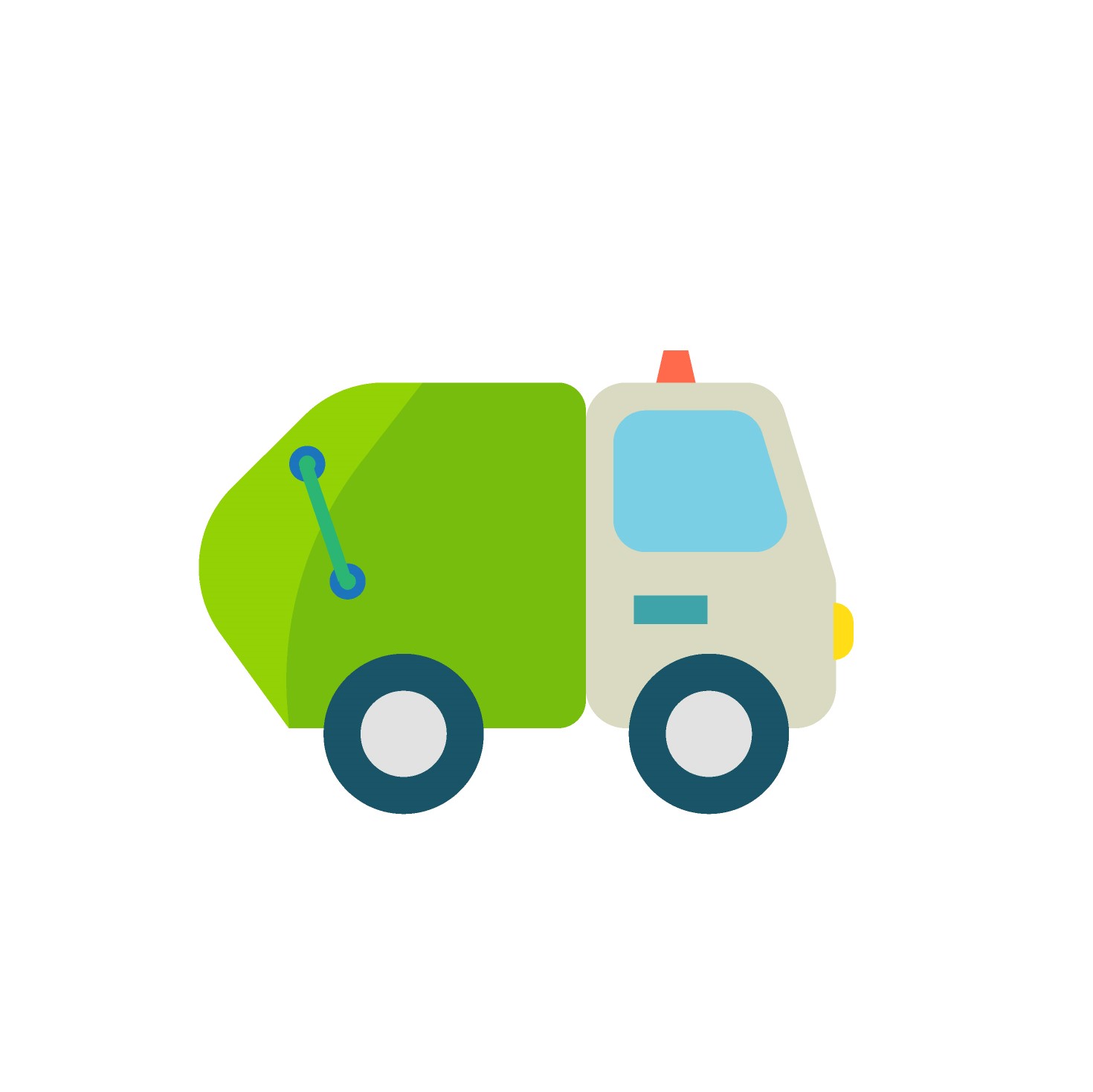 green and white waste collection truck