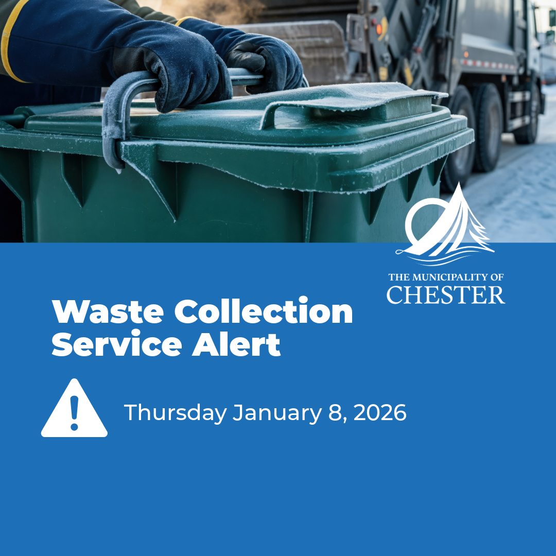 Background of green cart with "Waste collection service alert, Thursday January 8" in a blue text box