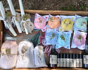 Root and Rise Collection of Self-Care products: Izzy's Fizzy's Magic and Medicine 7 Chakra Reiki Bath Bombs and Crumble, Magnesium Spray, Fire Whispers, Moon Mist Rollers