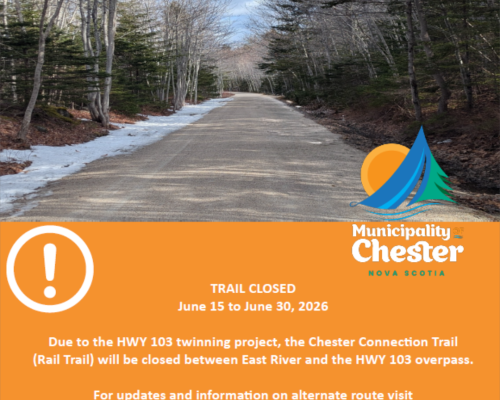 Image shows a portion of the Chester Connection Trail with the municipal logo and trail closure notice