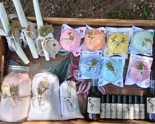 Root and Rise Collection of Self-Care products: Izzy's Fizzy's Magic and Medicine 7 Chakra Reiki Bath Bombs and Crumble, Magnesium Spray, Fire Whispers, Moon Mist Rollers