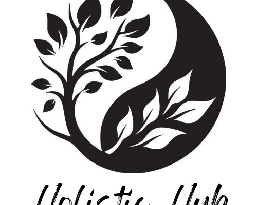 Logo with Holistic Hub in italic script under and ying and yang sign in black and white with a tree