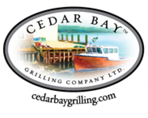Logo of Cedar Bay Grilling Company with a fishing boat at a dock and website address at the bottom.
