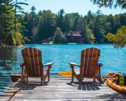 Adirondack chairs on the end of a wharf overlooking a forested lake.